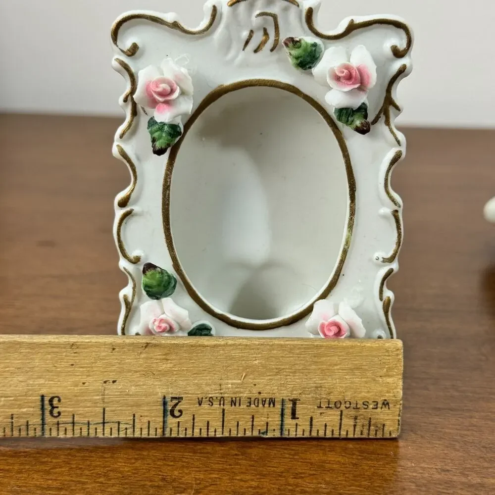 Vintage Lefton Porcelain Small Picture Frame White With Pink Raised Flowers